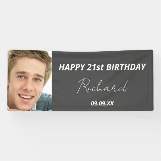 Aangepaste foto van Birthday party grijs-blanke mo Spandoek (Horizontaal)