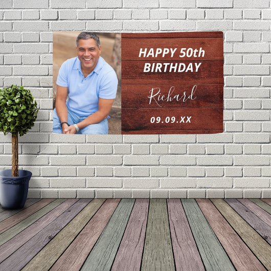 Aangepaste foto van Birthday party roestbruin hout Spandoek