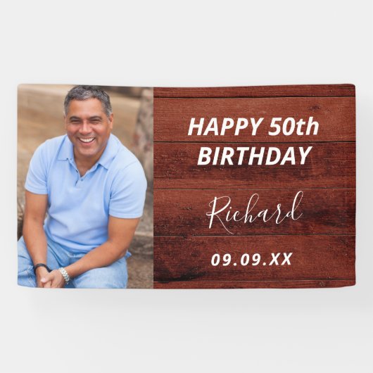 Aangepaste foto van Birthday party roestbruin hout Spandoek (Horizontaal)