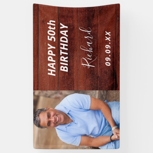 Aangepaste foto van Birthday party roestbruin hout Spandoek (Verticaal)