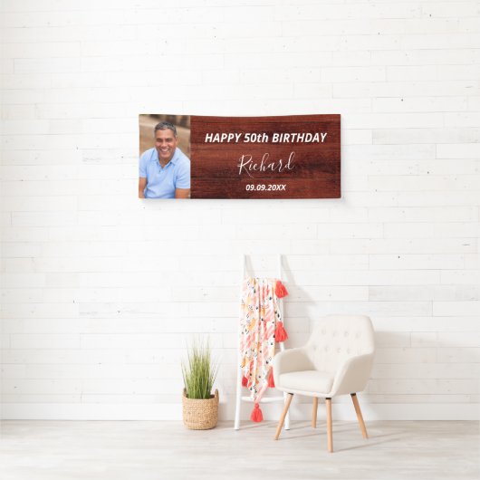 Aangepaste foto van Birthday party roestbruin hout Spandoek (Insitu)