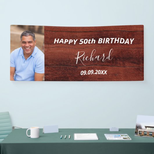 Aangepaste foto van Birthday party roestbruin hout Spandoek (Beurs)