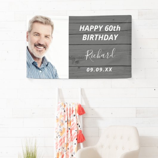 Aangepaste foto van Birthday party rustig wood gri Spandoek (Insitu)