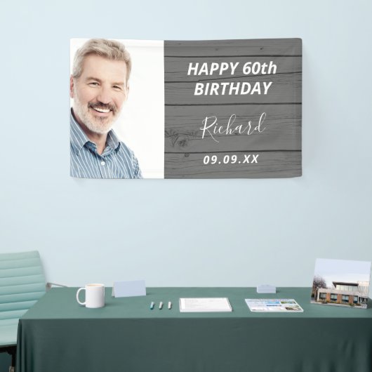 Aangepaste foto van Birthday party rustig wood gri Spandoek (Beurs)
