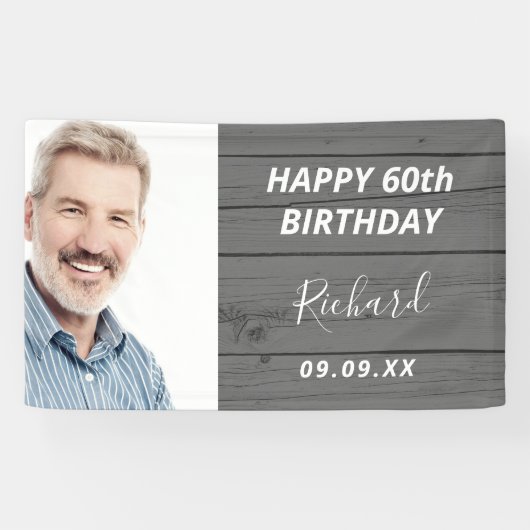 Aangepaste foto van Birthday party rustig wood gri Spandoek (Horizontaal)