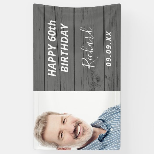 Aangepaste foto van Birthday party rustig wood gri Spandoek (Verticaal)