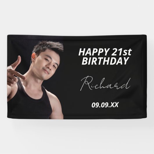 Aangepaste foto van Birthday-party zwart-wit Spandoek (Horizontaal)