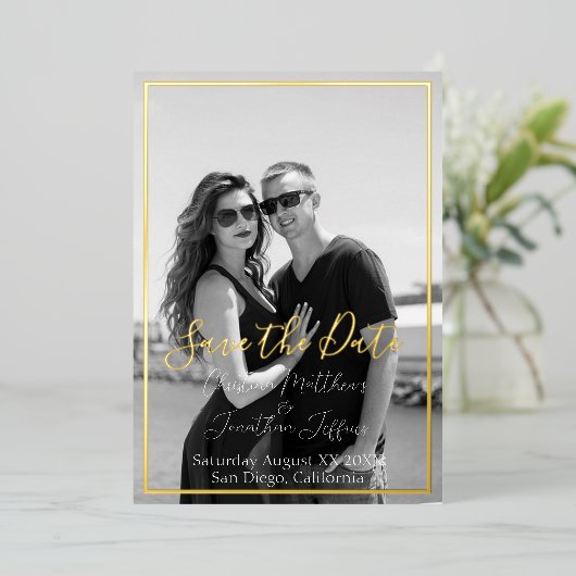 Aangepaste foto van Black en White Gold Foil Wedde Folie Uitnodiging (Staand Voorkant)