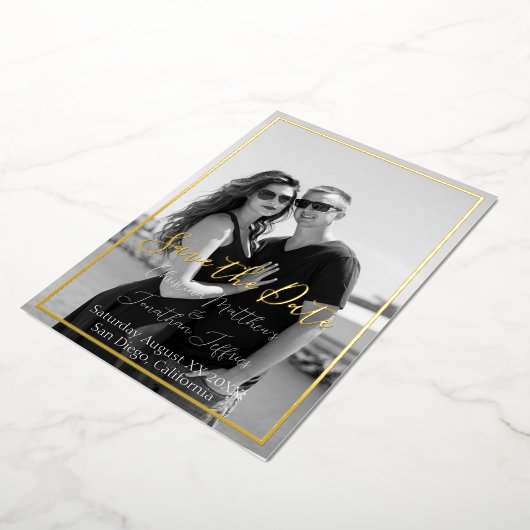 Aangepaste foto van Black en White Gold Foil Wedde Folie Uitnodiging (Gedraaid)