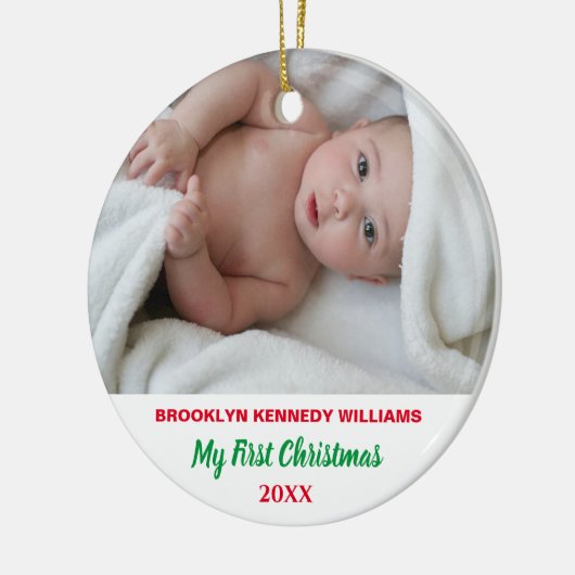 Aangepaste foto van de eerste kerst van een pasgeb keramisch ornament (Links)