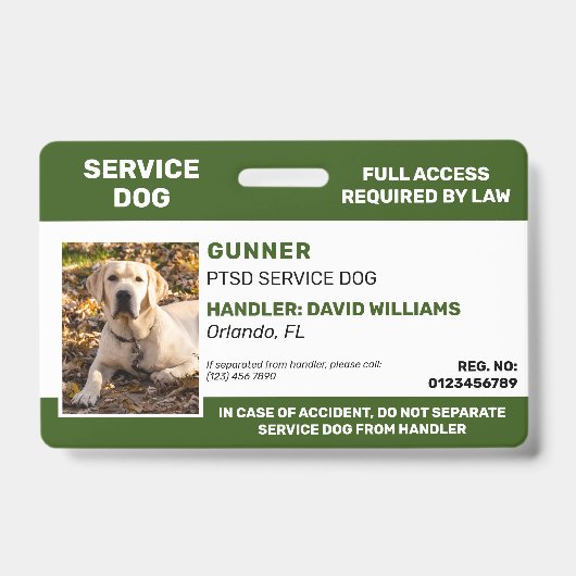 Aangepaste foto van de groene witte Dienst Dog Badge (Voorzijde)