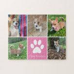 Aangepaste foto van Dog   roze poets afdrukken Legpuzzel<br><div class="desc">Deze mooie puppy pet foto puzzle is gepersonaliseerd met schattige afbeeldingen van je lieve meisje hond. Pas dit geschenk aan met je eigen aangepaste foto's rond een  roze vierkant met een schattige witte pootdruk en de naam van je hond in het midden.</div>