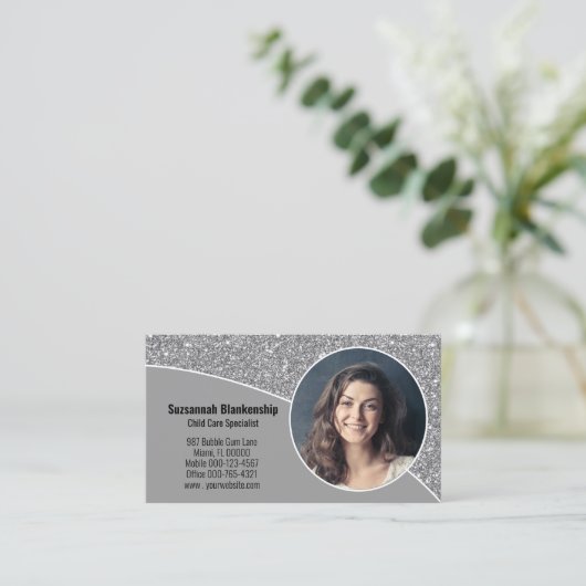 Aangepaste foto van Faux Silver Glitter QR-code op Visitekaartje (Staand voorkant)