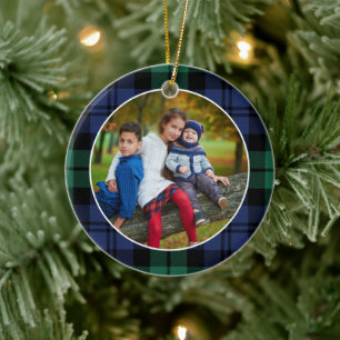 Aangepaste foto van groene en blauwe tartan keramisch ornament