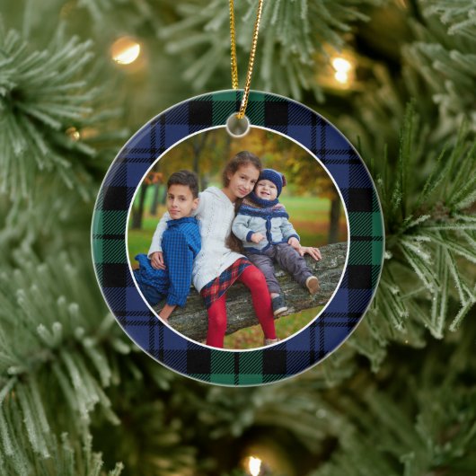 Aangepaste foto van groene en blauwe tartan keramisch ornament (Boom)