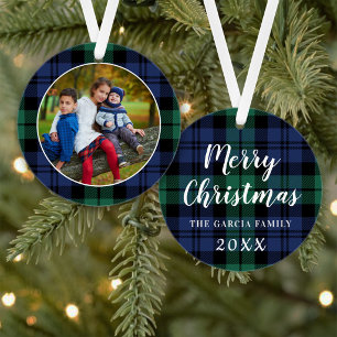 Aangepaste foto van groene en blauwe tartan ornament