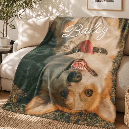 Aangepaste foto van huisdierhond, naam, knuffel pu fleece deken