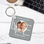 Aangepaste foto van je vader Vaderdag grijs Sleutelhanger<br><div class="desc">Deze We houden van je vader Foto Sleutelhanger is versierd met het woord LOVE in witte typografie op een stijlvolle grijze achtergrond. Gemakkelijk aanpasbaar met uw foto en naam. Maakt een geweldig Vaderdag cadeau.</div>