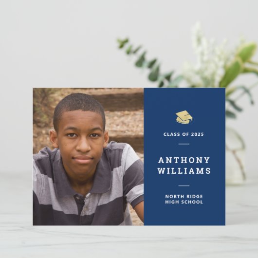 Aangepaste foto van Navy Blue Modern Afstuderen Kaart (Staand voorkant)