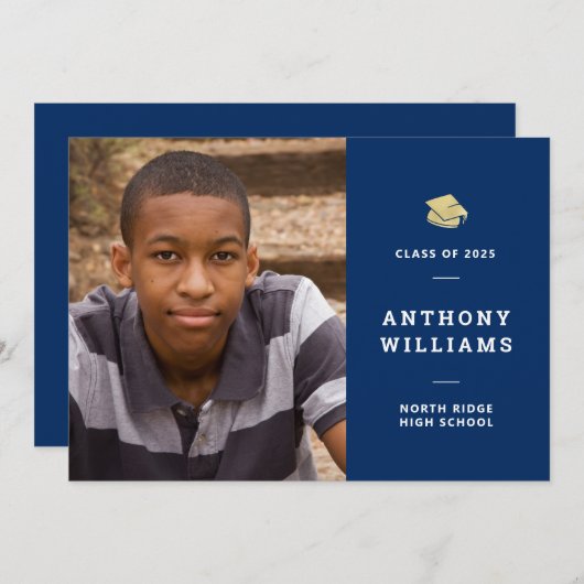 Aangepaste foto van Navy Blue Modern Afstuderen Kaart (Voorkant / Achterkant)