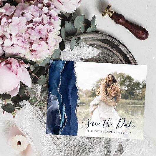 Aangepaste foto van Navy Blue Silver Agate Save th Briefkaart