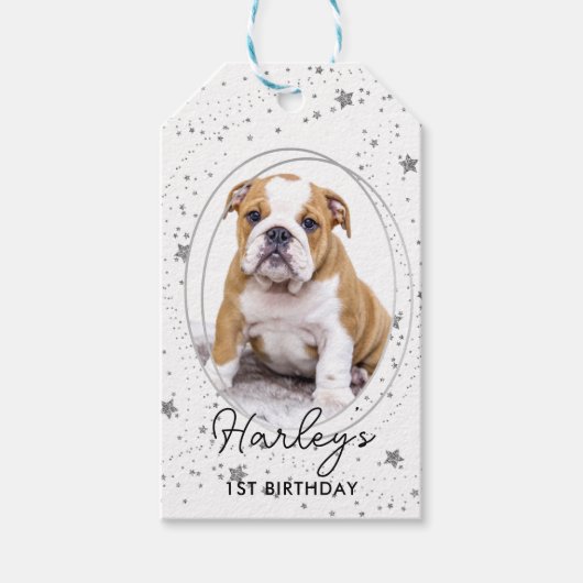 Aangepaste foto van Pet Dog Birthday Silver Glitte Cadeaulabel (Voorkant)