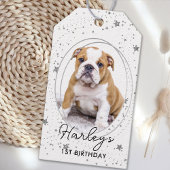 Aangepaste foto van Pet Dog Birthday Silver Glitte Cadeaulabel