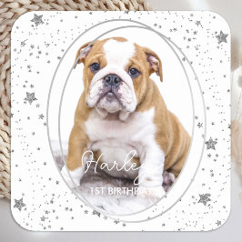 Aangepaste foto van Pet Dog Birthday Silver Glitte Vierkante Sticker