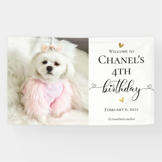 Aangepaste foto van Pet Dog Birthday Typografie Bl Spandoek (Horizontaal)