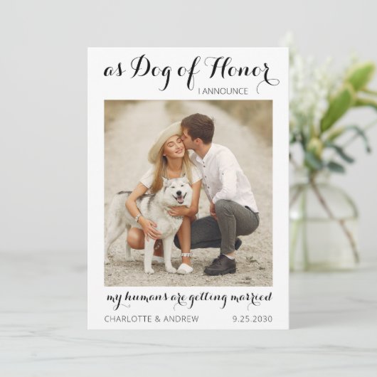 Aangepaste foto van Pet Dog Modern Script Weddensc Save The Date (Staand voorkant)