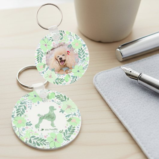 Aangepaste foto van Poodle met mintgroene bloemenk Sleutelhanger