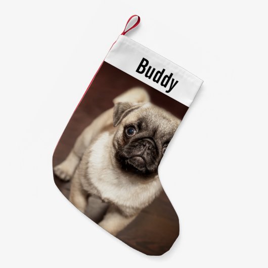 Aangepaste foto van Pug Dog en uw Pug Dog Naam Kleine Kerstsok (Voorkant (Hangend))