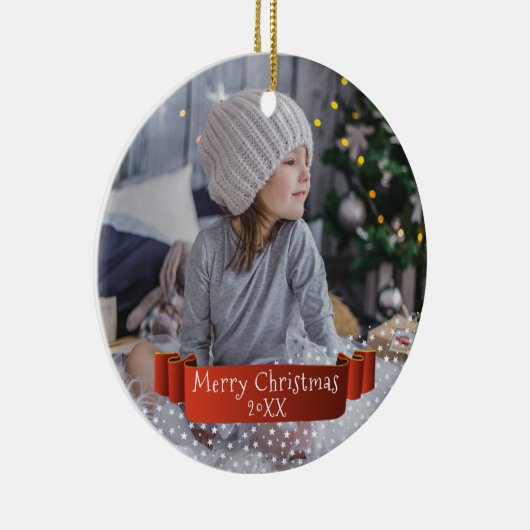 Aangepaste foto van Red Ribbon Kerstfeestdag Keeps Keramisch Ornament (Rechts)