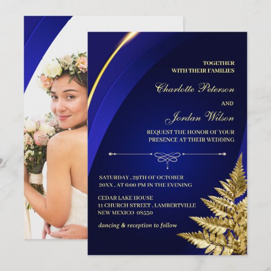 Aangepaste foto van Royal Blue en Gold Wedding Kaart (Voorkant / Achterkant)