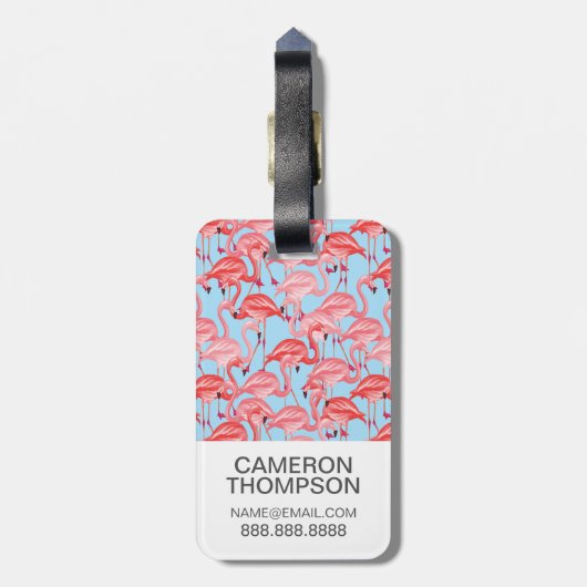 Aangepaste foto van roze flamingos op blauw bagagelabel (Achterkant verticaal)