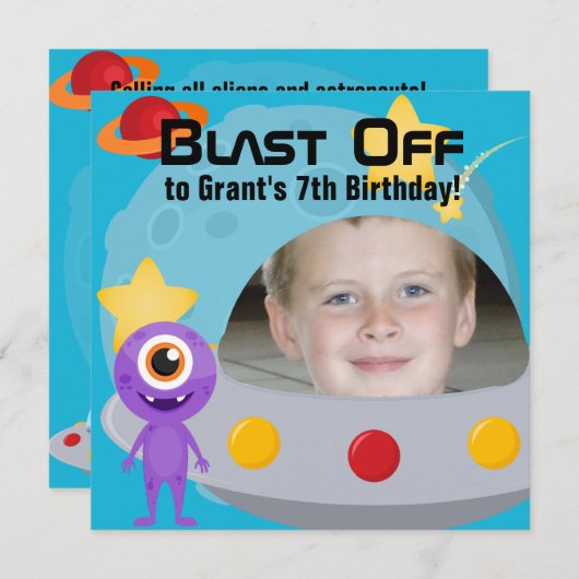 Aangepaste foto van UFO Alien Birthday-uitnodiging Kaart (Voorkant / Achterkant)