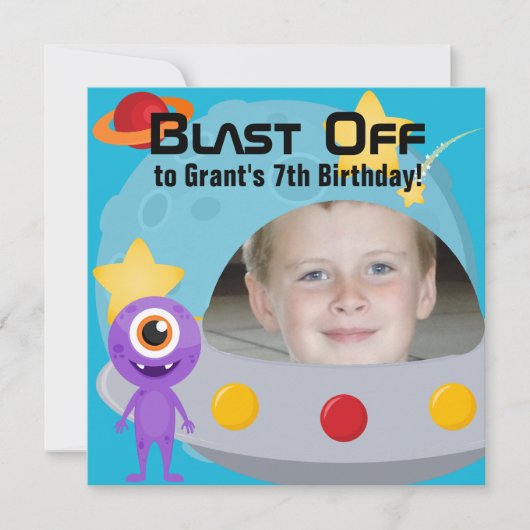 Aangepaste foto van UFO Alien Birthday-uitnodiging Kaart (Voorkant)