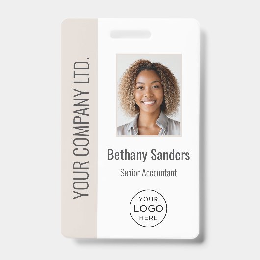 Aangepaste foto van werknemer, logo, naam Beige Badge (Voorzijde)