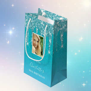 Aangepaste foto verjaardag blauwgroen blauwe glitt klein cadeauzakje