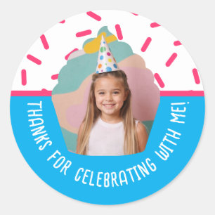 Aangepaste foto verjaardag dank je wel cupcake spr ronde sticker