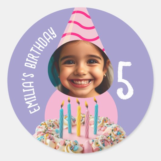Aangepaste Foto Verjaardag Elke Age Party Pet Cake Ronde Sticker (Voorkant)