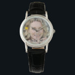 Aangepaste foto-verjaardag hallo zwart horloge<br><div class="desc">Sjabloon voor Uw eigen foto en de leeftijd. Zwarte tekstbekleding: Hallo 50. Een geweldig 50e of een verjaardagscadeau voor haar. De tekst wordt geschreven met een modern en trendy hand lettered stijlmanuscript. Zwarte kloknominale nummers van 8 tot 4.</div>