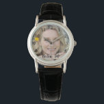 Aangepaste foto-verjaardag hallo zwart horloge<br><div class="desc">Sjabloon voor Uw eigen foto en de leeftijd. Zwarte tekstbekleding: Hallo 50. Een geweldig 50e of een verjaardagscadeau voor haar. De tekst wordt geschreven met een modern en trendy hand lettered stijlmanuscript. Zwarte kloknominale nummers van 8 tot 4.</div>