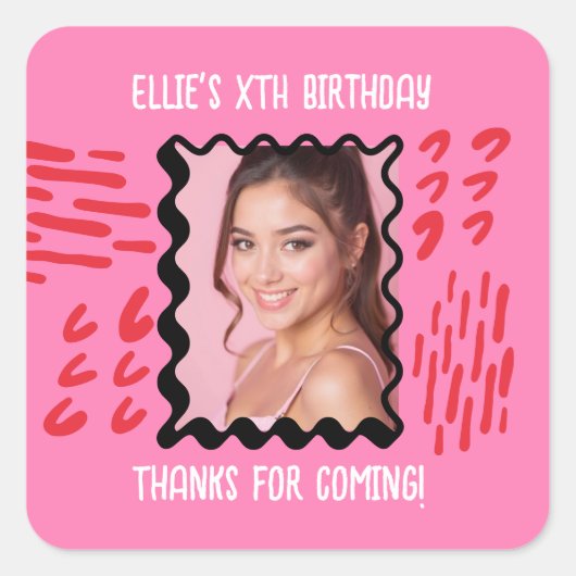 Aangepaste Foto Verjaardag Sketchy Doodle Party Fa Vierkante Sticker (Voorkant)