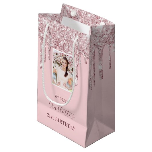 Aangepaste foto-verjaardagsblush roze glitter drup klein cadeauzakje (Voorkant Gekanteld)