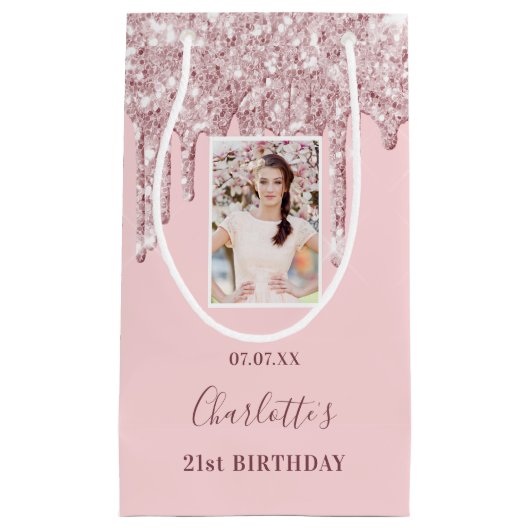 Aangepaste foto-verjaardagsblush roze glitter drup klein cadeauzakje (Voorkant)