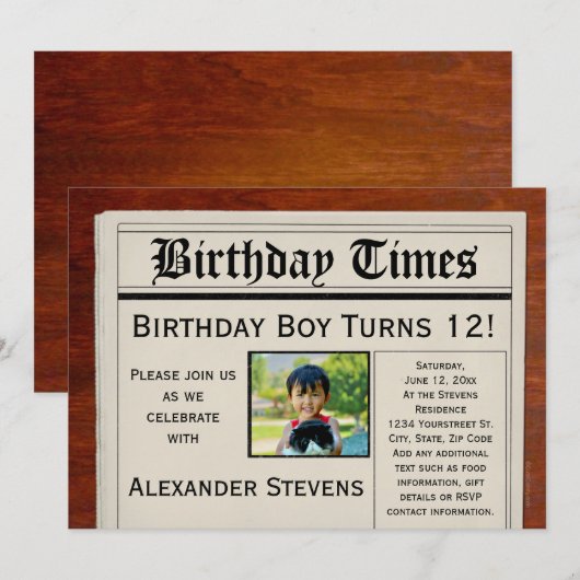 Aangepaste foto Verjaardagsfeest Uitnodiging krant (Voorkant / Achterkant)