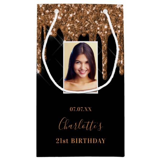 Aangepaste foto verjaart zwarte goudglitterdruppel klein cadeauzakje (Achterkant)