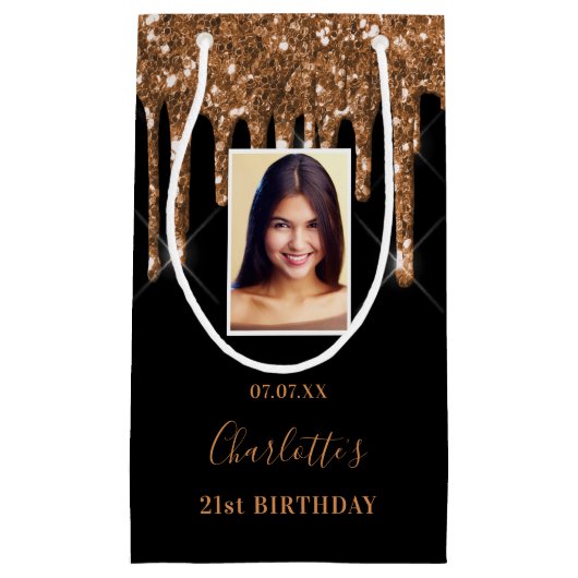 Aangepaste foto verjaart zwarte goudglitterdruppel klein cadeauzakje (Voorkant)