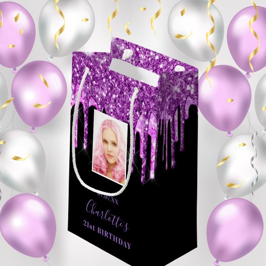 Aangepaste foto verjaart zwarte paarse glitterdrup klein cadeauzakje
